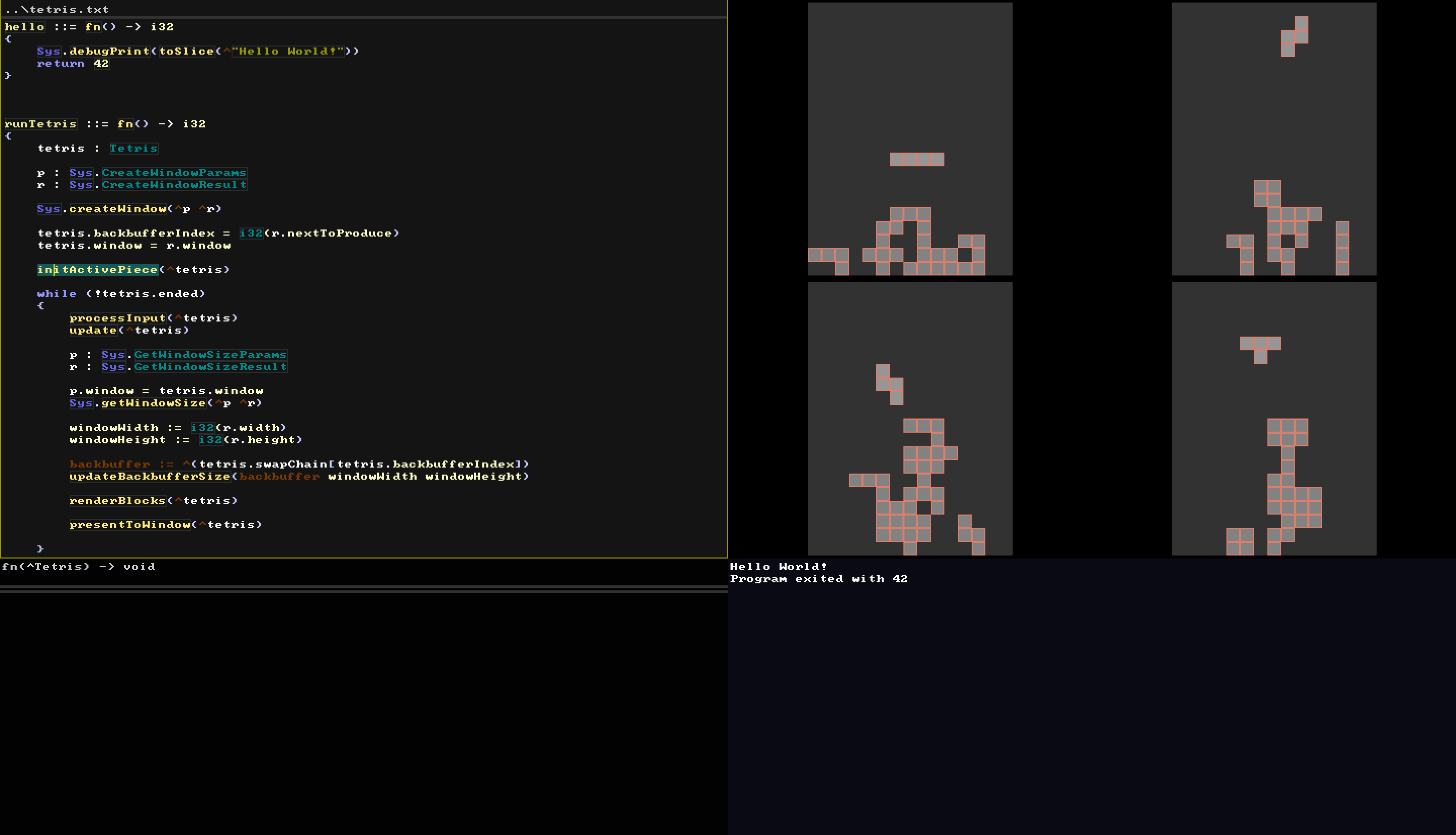 Screenshot of ugri: a code editor with a Tetris program next to four running Tetris windows and a console.